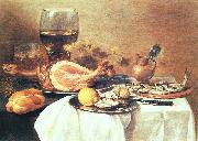 A ham, a herring, oysters, a lemon, bread, onions, grapes and a roemer Pieter Claesz